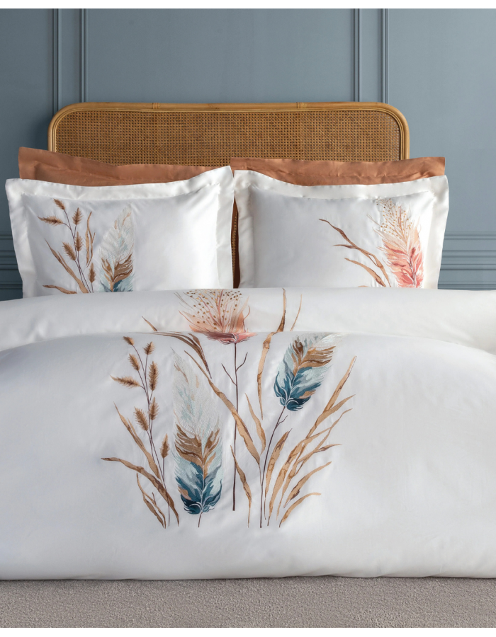 Bohem Çift Kişilik Nakışlı Pamuk Saten Nevresim Takımı - BEJ