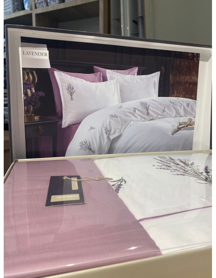 Lavender Nakışlı Pamuk Saten Nevresim Takımı - Beyaz
