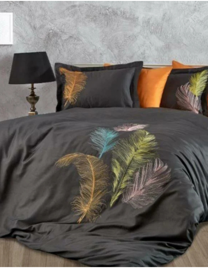 İz Pamuk Saten Çift Kişilik Nevresim Takımı - Antrasit/oranj