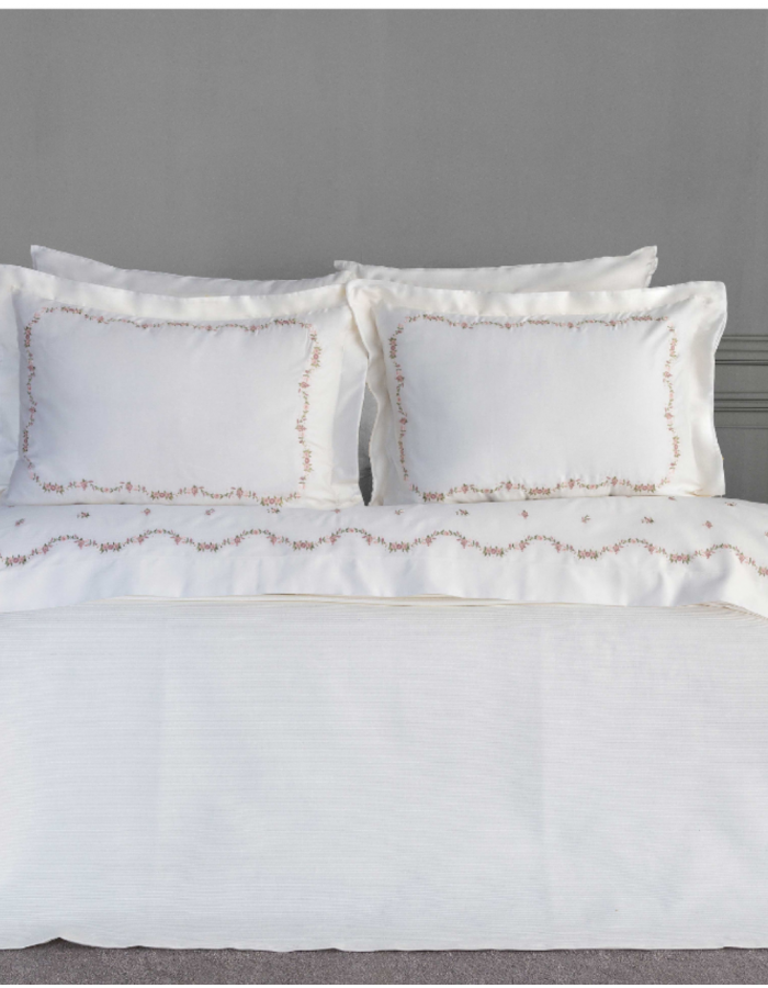 Minoa Nakışlı Pamuk Saten Pike Takımı - Krem